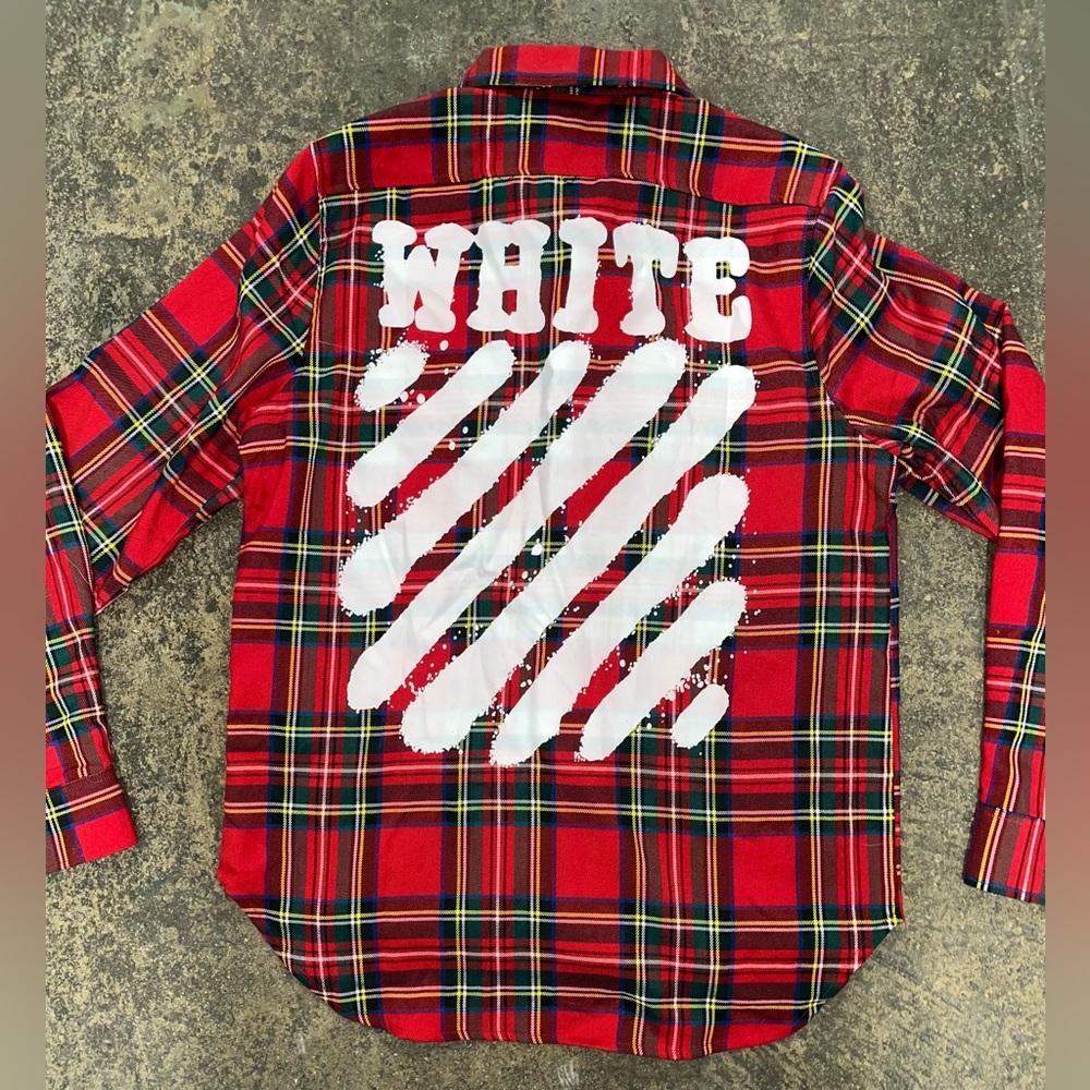 Off-White Red Plaid Button-Down Shirt with White Graphic